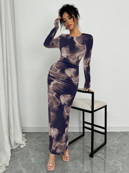 Elenzga Elegant Gradient Long Sleeve Slim Fit Women's Dress Fall Cloth For Women