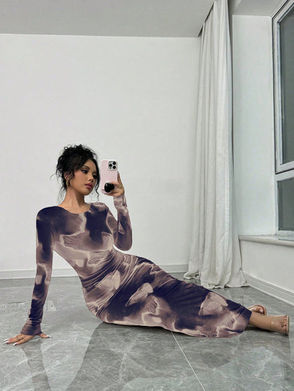 Elenzga Elegant Gradient Long Sleeve Slim Fit Women's Dress Fall Cloth For Women