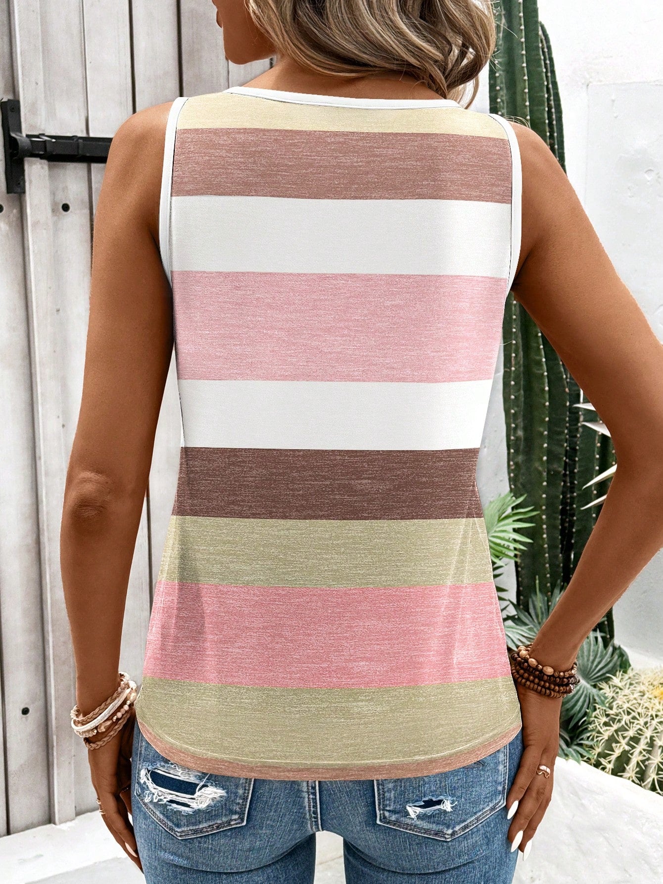 EMERY ROSE Women's Fashion Casual Striped Print O-Ring Sleeveless Tank Top