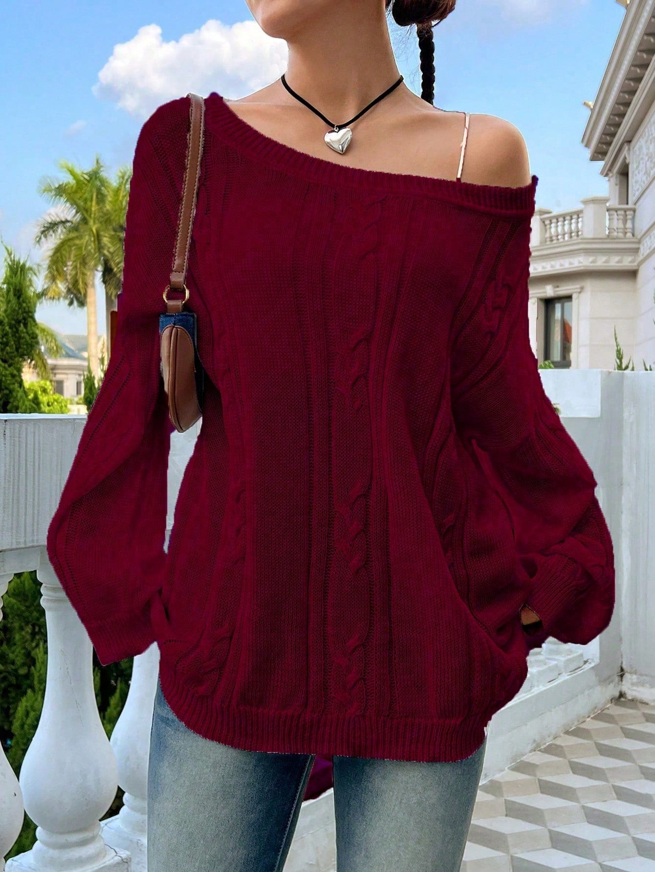 Flirla Casual Minimalist Solid Color Dropped Shoulder Loose Knit Sweater, Autumn/Winter Knit Pullover Fall Outfit