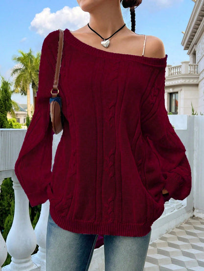 Flirla Casual Minimalist Solid Color Dropped Shoulder Loose Knit Sweater, Autumn/Winter Knit Pullover Fall Outfit