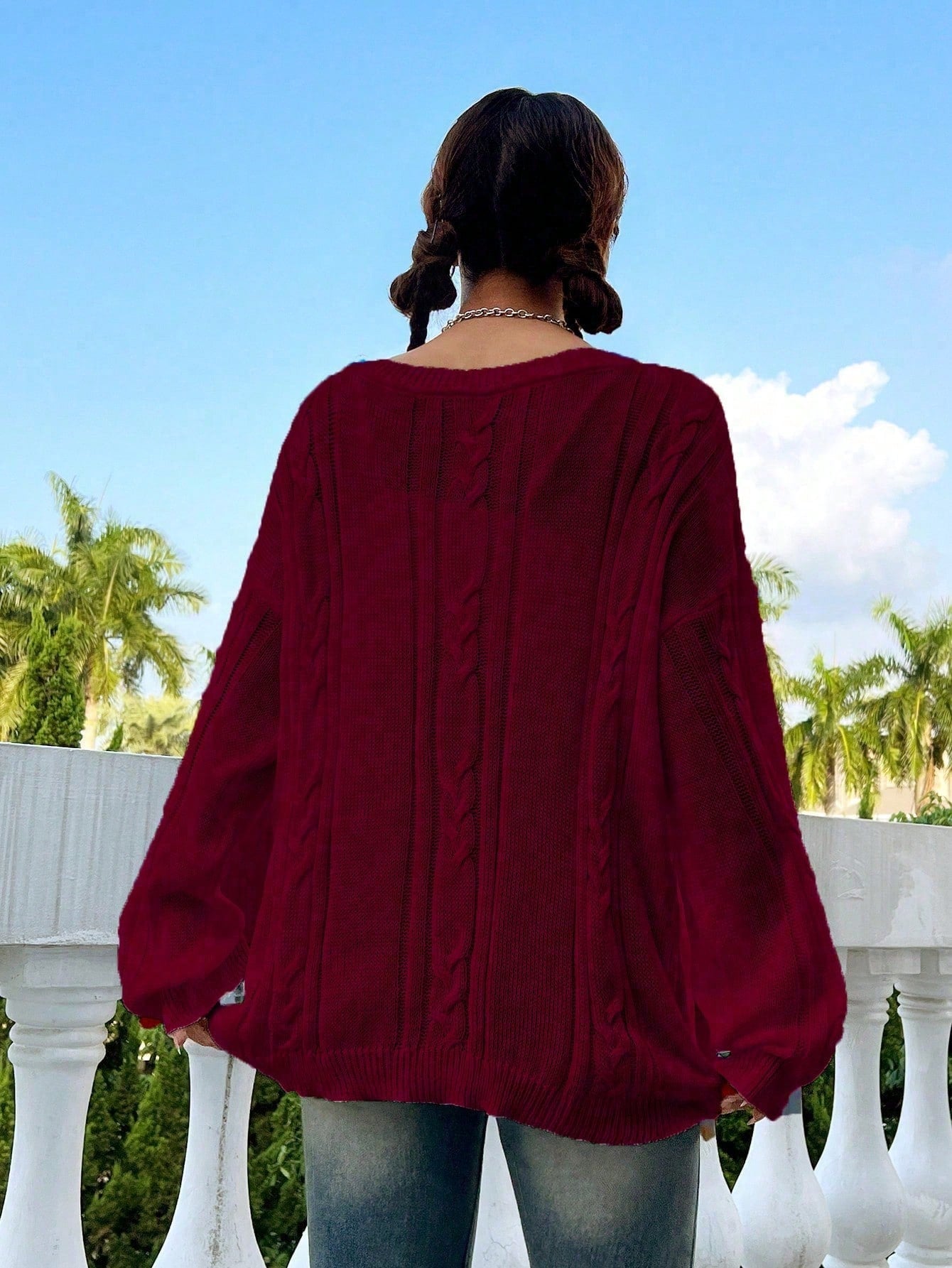 Flirla Casual Minimalist Solid Color Dropped Shoulder Loose Knit Sweater, Autumn/Winter Knit Pullover Fall Outfit