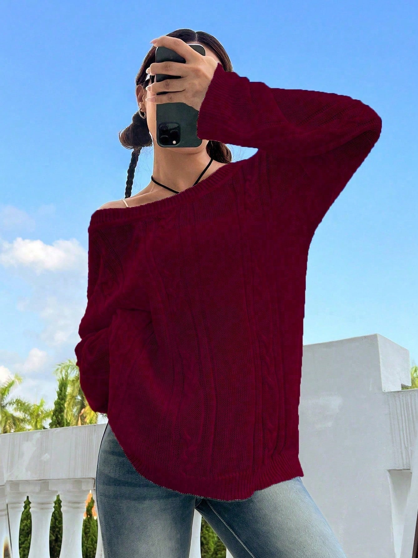 Flirla Casual Minimalist Solid Color Dropped Shoulder Loose Knit Sweater, Autumn/Winter Knit Pullover Fall Outfit