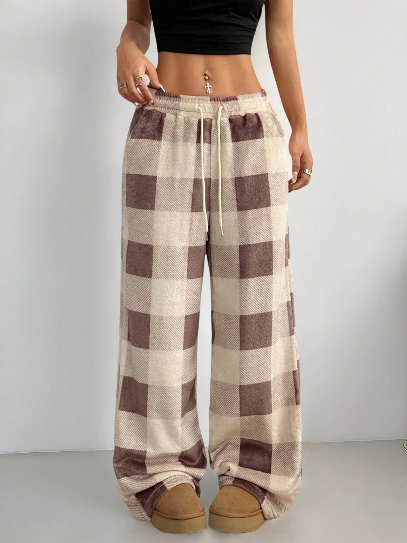 Coolane Women's Fall/Winter Streetwear Going Out Vintage Back To School Casual Front Tie Plaid Pocket Trousers With Fleece