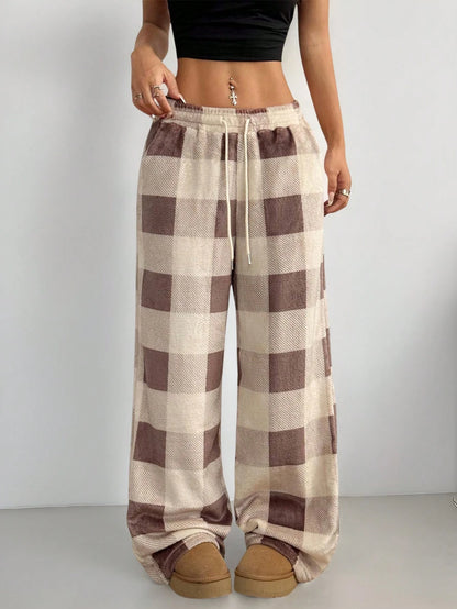 Coolane Women's Fall/Winter Streetwear Going Out Vintage Back To School Casual Front Tie Plaid Pocket Trousers With Fleece