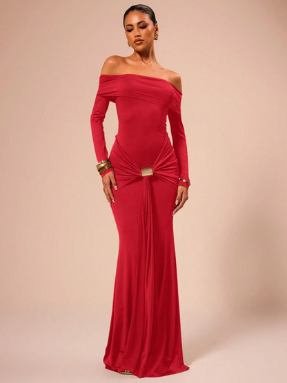 SHEIN X Scheana MUSERA Off Shoulder Long Sleeve Maxi Dress Vacation Summer Spring Romantic Wedding Guest Graduation, Prom Holiday Wedding Guest, Elegant, Birthday, Church, Night Out