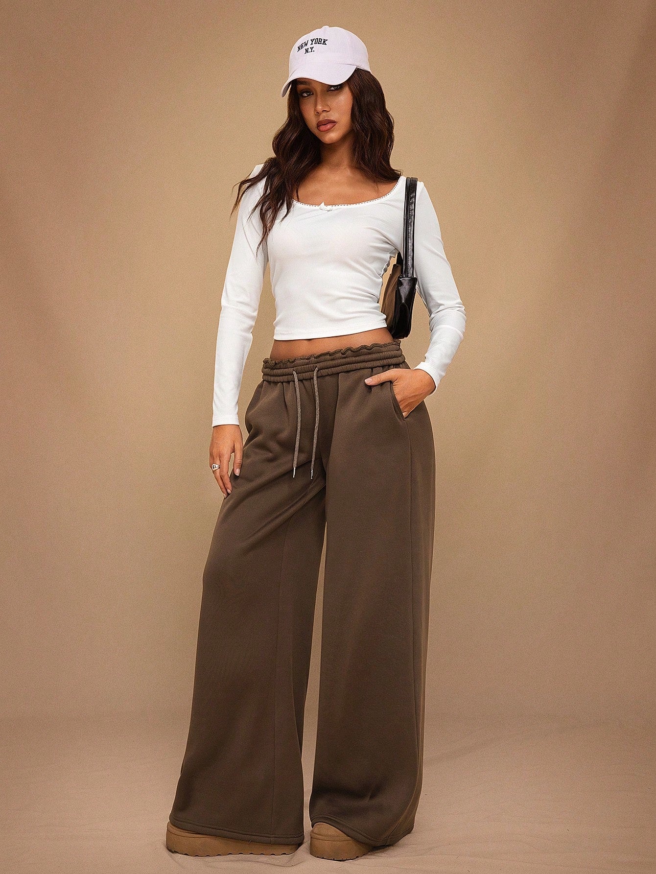 Forever 21 Autumn/Winter New Casual Loose Fit Elastic Waist Wide Leg Sweatpants, Thicker Thermal Lined, Versatile & Slimming