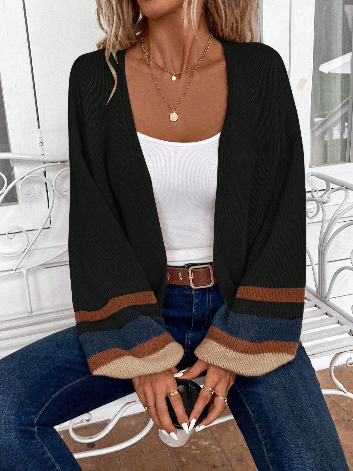 EMERY ROSE Women's Long Sleeve Colorblock Striped Cardigan, Casual Daily Wear,Long Sleeve Tops,Knitted Sweater