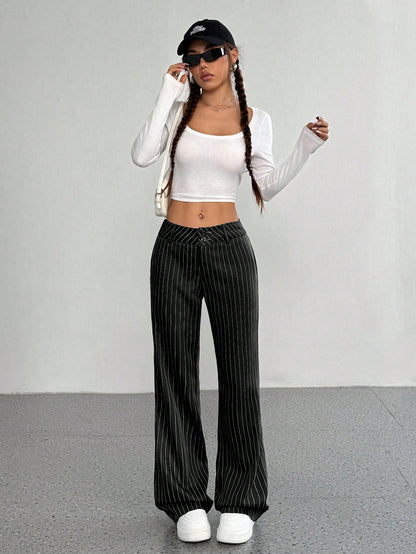 Flirla Women's Casual Striped Flare Pants, Versatile, Spring Autumn Fall Cloth For Women