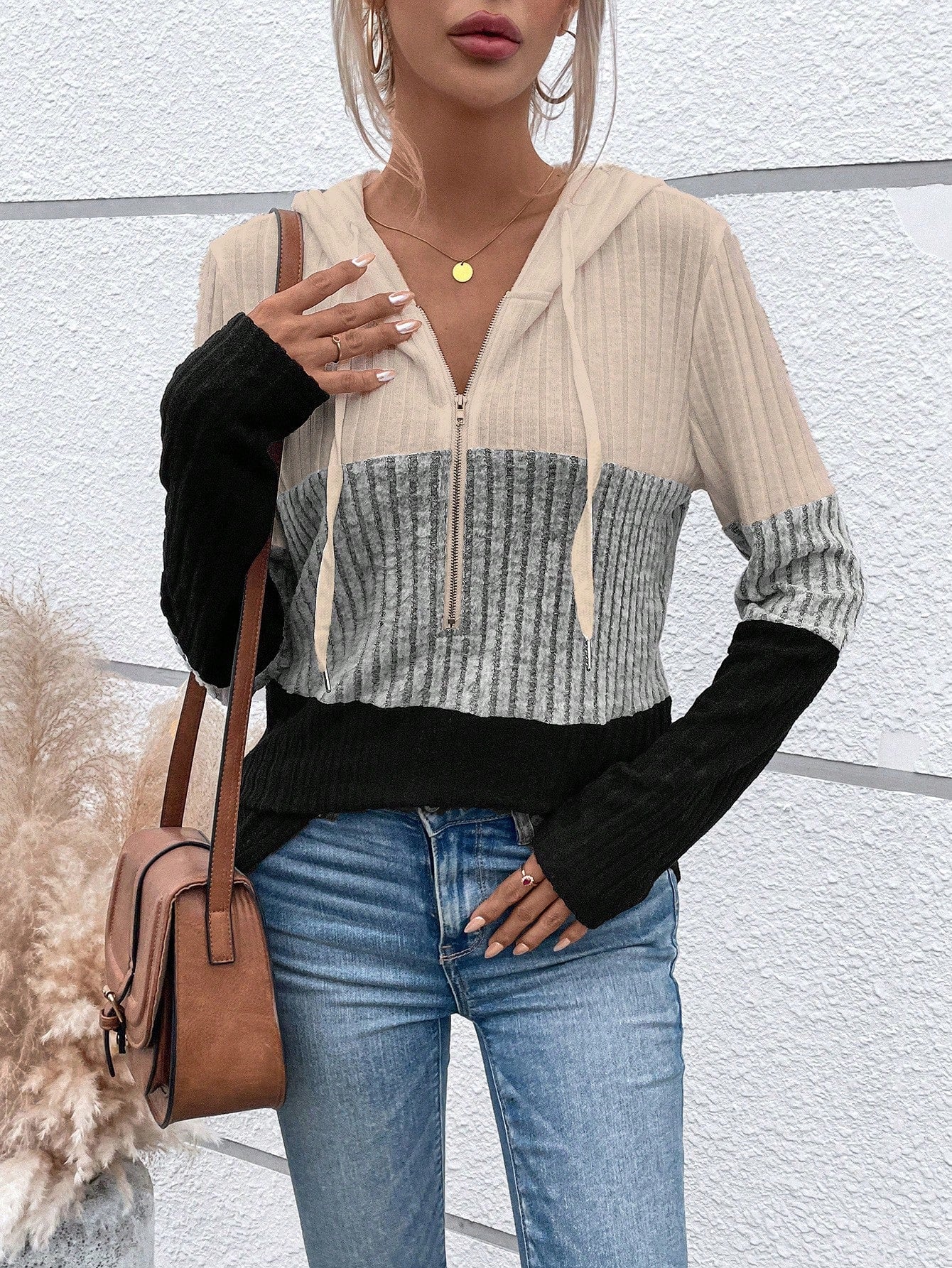 EMERY ROSE Ladies' Color Blocking Drawstring T-Shirt Graphic Tees Women Tops Fall Cloth For Women