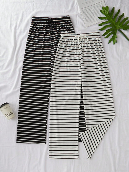 Snug Zone 2pcs Women Casual Knit Striped Print Drawstring Waist Lounge Pants Set