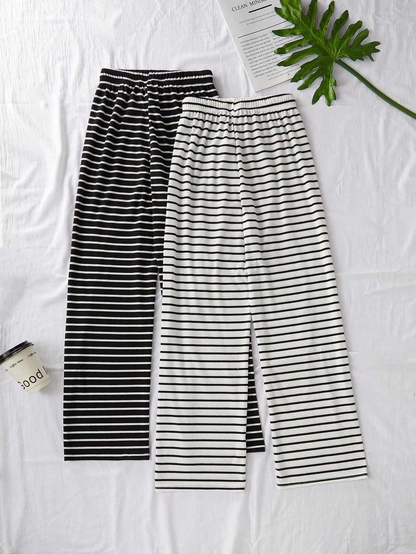 Snug Zone 2pcs Women Casual Knit Striped Print Drawstring Waist Lounge Pants Set