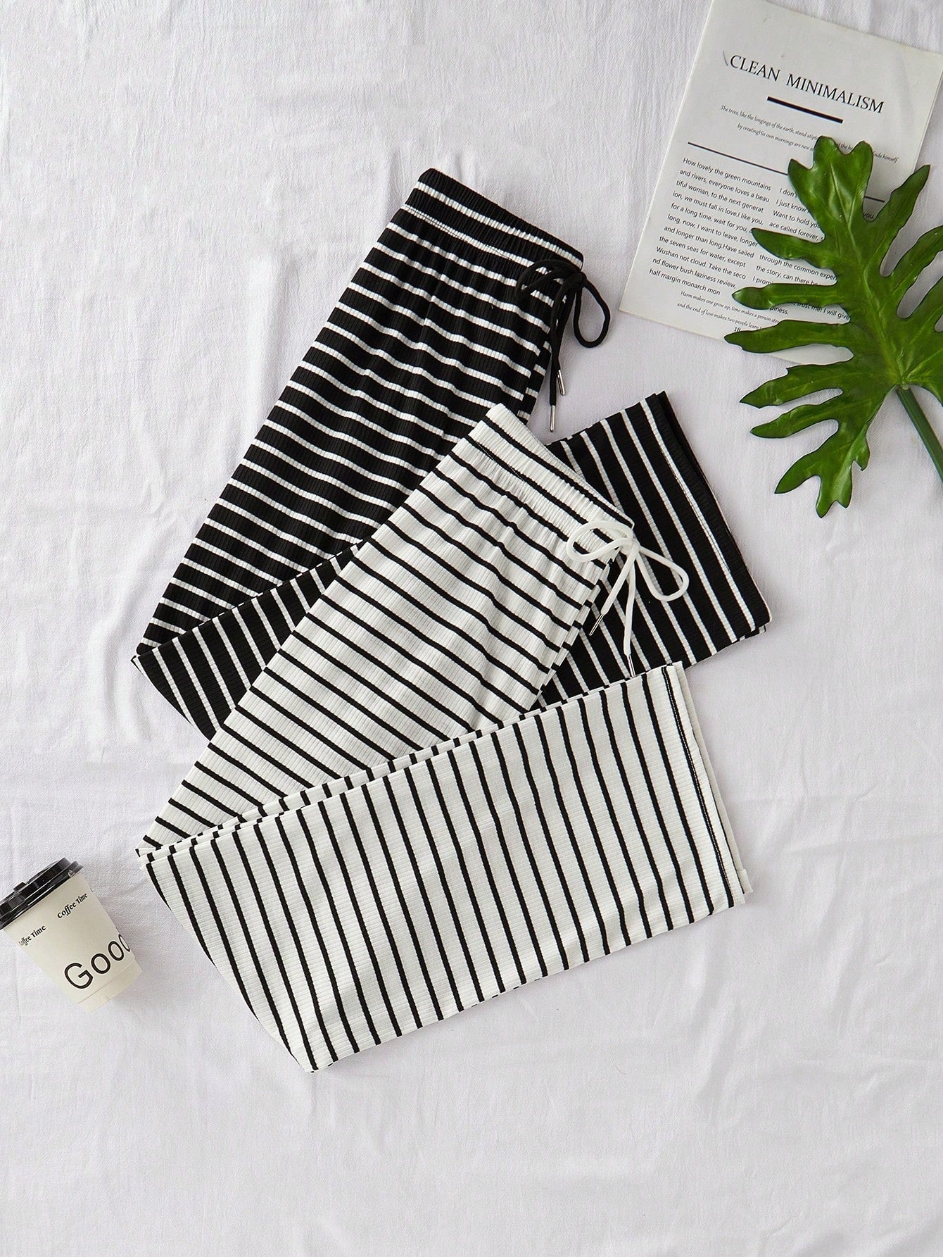 Snug Zone 2pcs Women Casual Knit Striped Print Drawstring Waist Lounge Pants Set