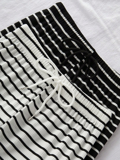 Snug Zone 2pcs Women Casual Knit Striped Print Drawstring Waist Lounge Pants Set
