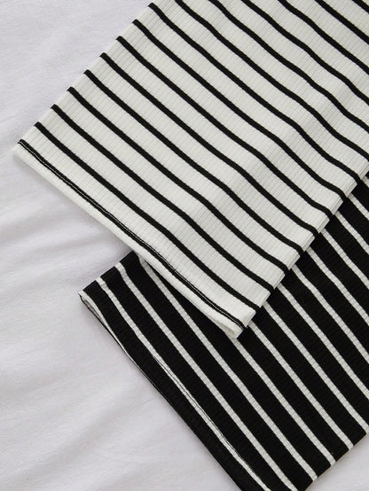 Snug Zone 2pcs Women Casual Knit Striped Print Drawstring Waist Lounge Pants Set