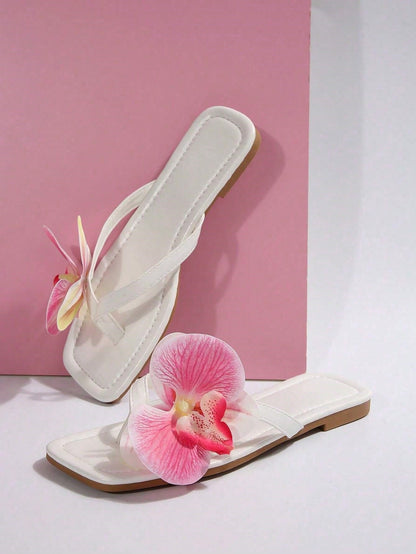 New Floral Beach Shoes Women's Flat Plus Size Sandals, Outdoor Casual Black Slippers For Women