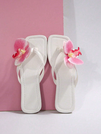 New Floral Beach Shoes Women's Flat Plus Size Sandals, Outdoor Casual Black Slippers For Women