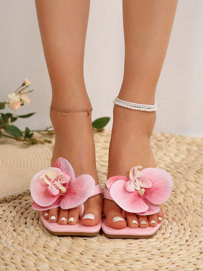 New Floral Beach Shoes Women's Flat Plus Size Sandals, Outdoor Casual Black Slippers For Women