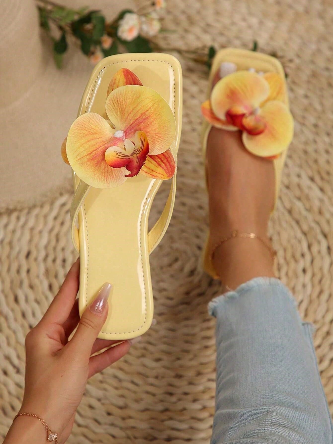 New Floral Beach Shoes Women's Flat Plus Size Sandals, Outdoor Casual Black Slippers For Women