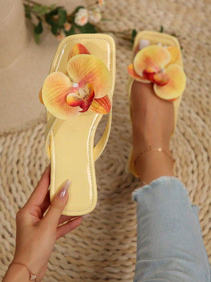 New Floral Beach Shoes Women's Flat Plus Size Sandals, Outdoor Casual Black Slippers For Women