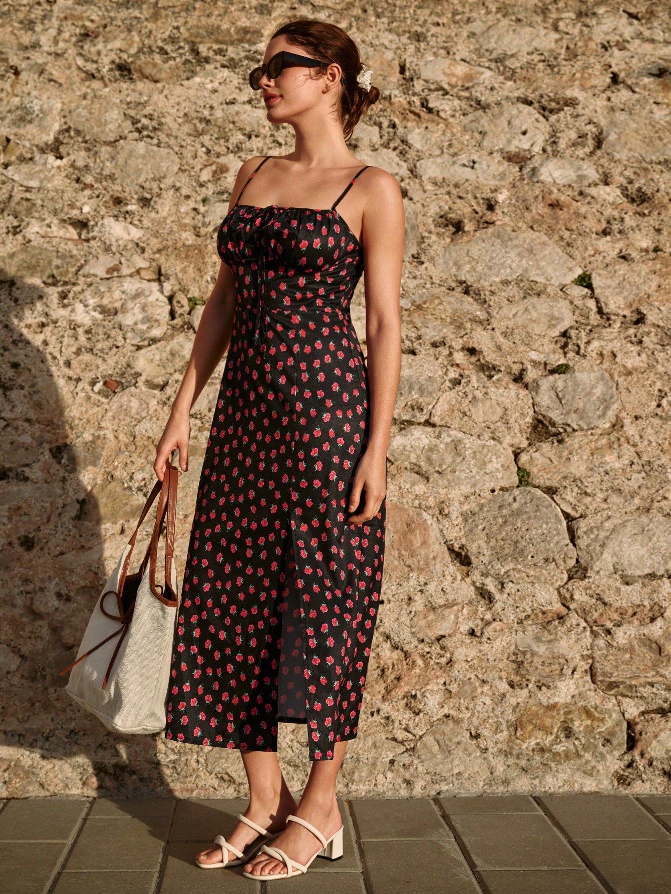 SHEIN Frenchy Women Ditsy Floral Side Slit Hem Cami Dress,Summer Dresses,Summer Dresses For Women,Floral