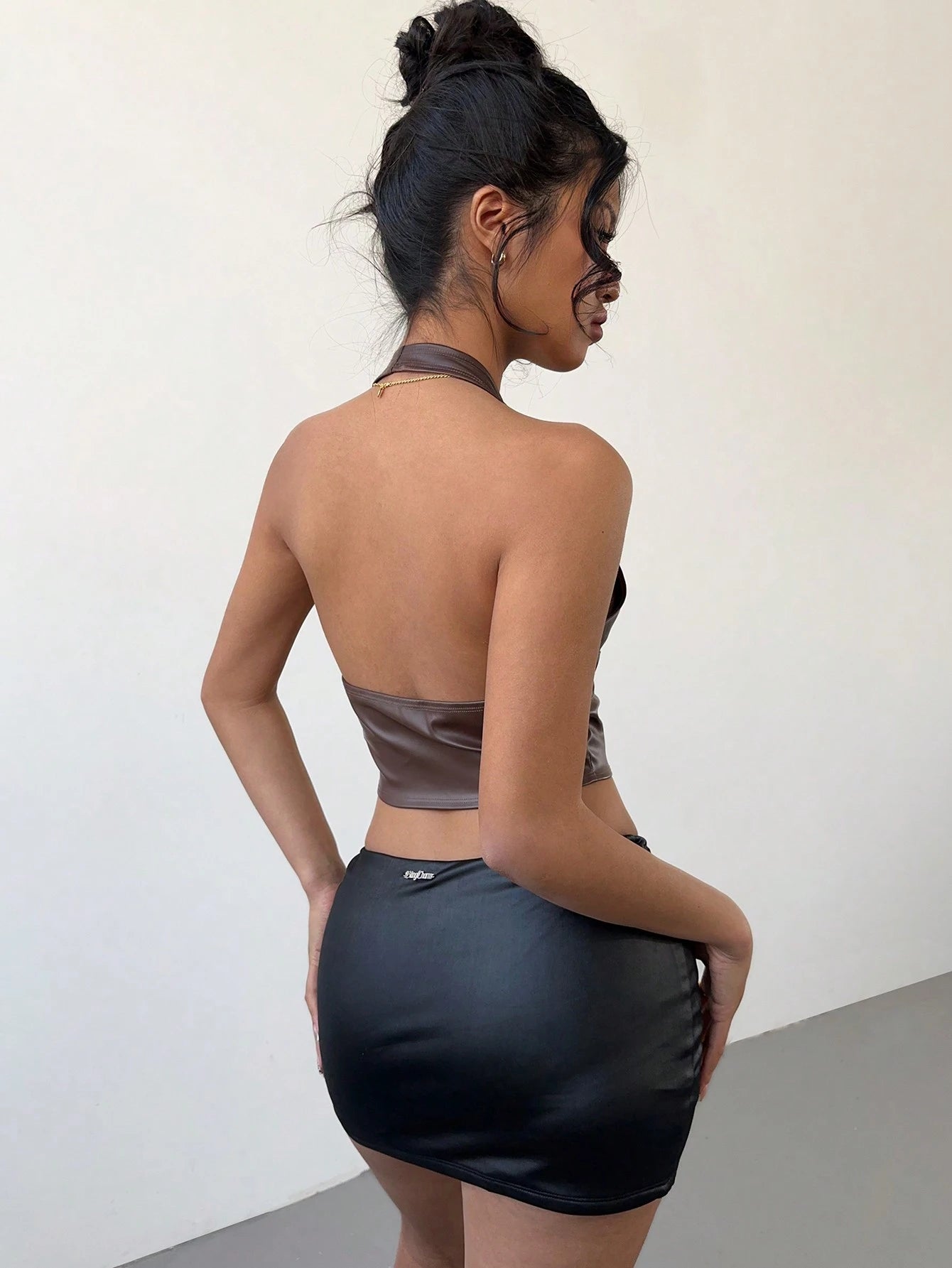 Aloruh Women Buckle Front Backless Crop PU Leather Halter Top