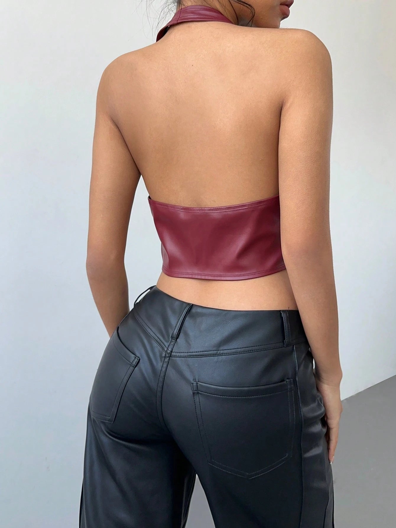 Aloruh Women Buckle Front Backless Crop PU Leather Halter Top