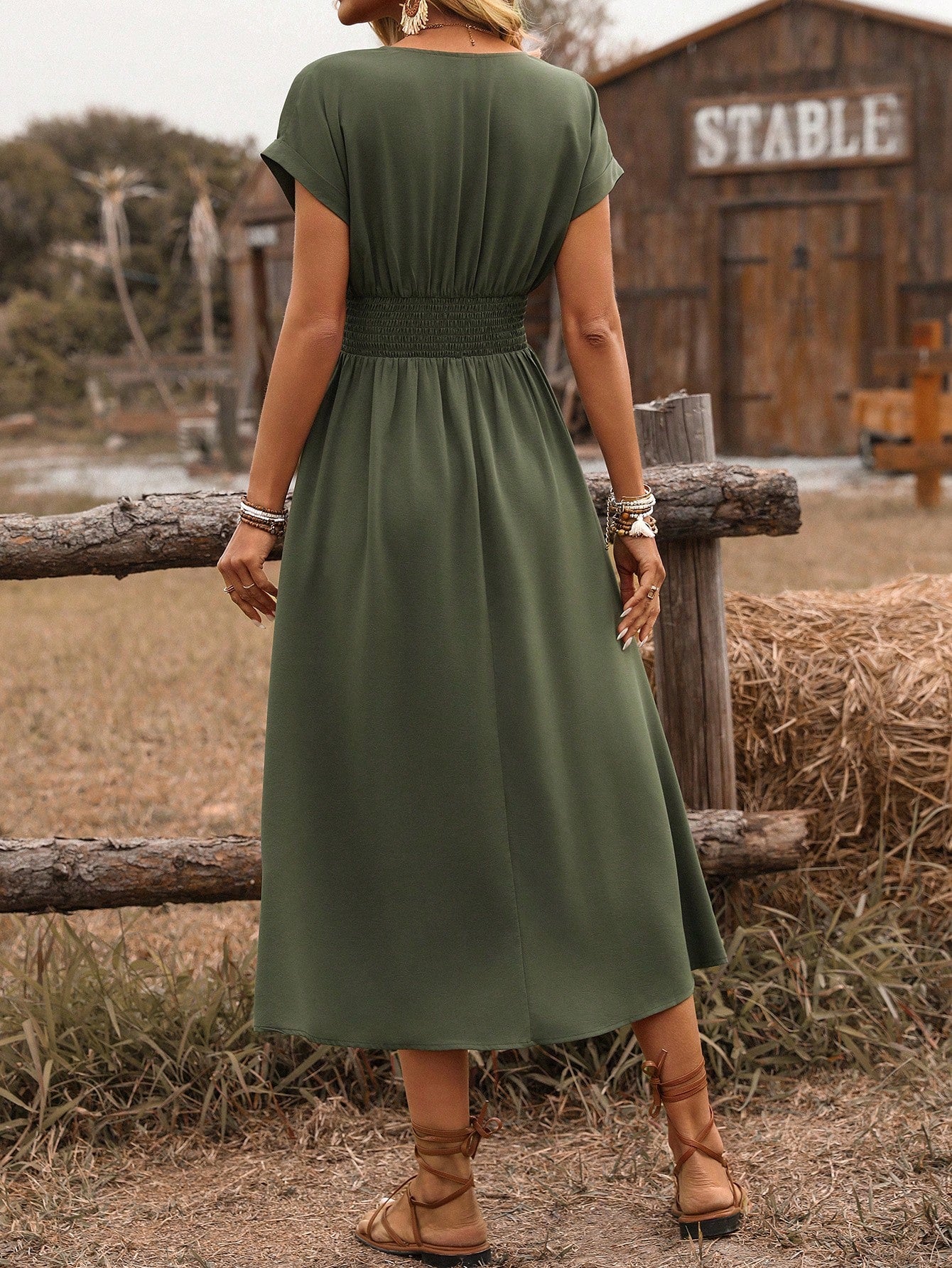 SHEIN Clasi Women's Spring/Summer Western Bohemian Style Casual Shirred Waist Cinched Criss-Cross Twisted Back Dropped Shoulder Flared Sleeve Midi Dress