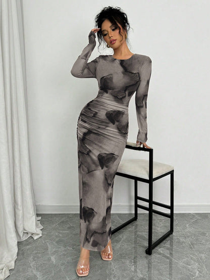 Elenzga Elegant Gradient Long Sleeve Slim Fit Women's Dress Fall Cloth For Women