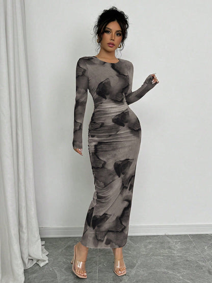 Elenzga Elegant Gradient Long Sleeve Slim Fit Women's Dress Fall Cloth For Women