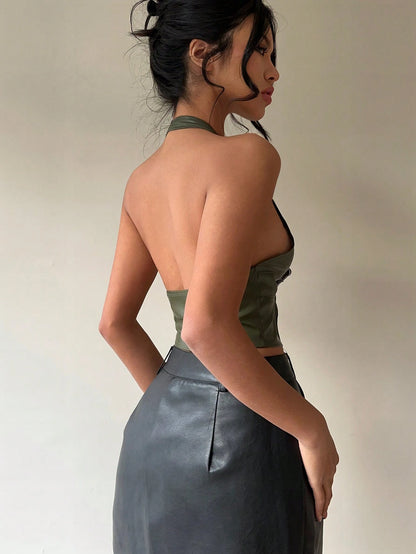 Aloruh Women Buckle Front Backless Crop PU Leather Halter Top