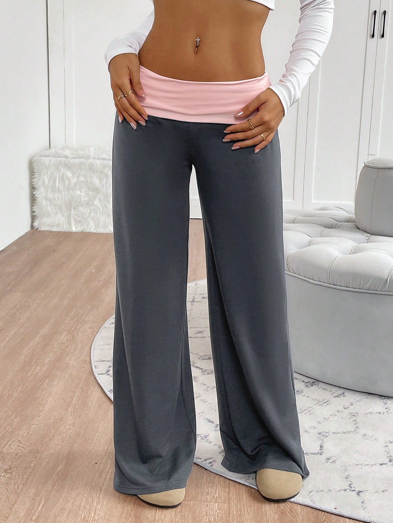 INAWLY Women's Casual Contrast Foldover Waist Wide Leg Sweatpants Graduation,Back To School Outfits,Graduation,Teacher Outfits For Women,Back To School Fall Cloth For Women