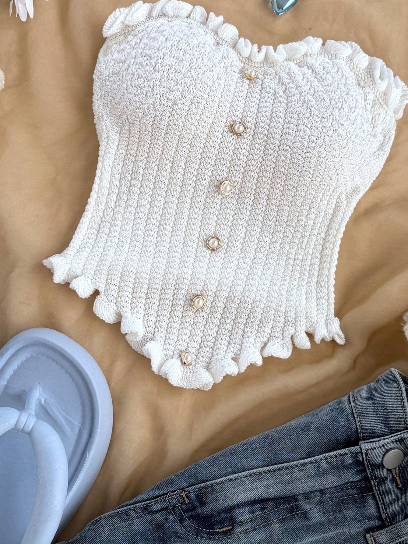 Soleia Women's Button Decor Fashion Casual Ruffle Hem Knitted Camisole Top,Going Out Top