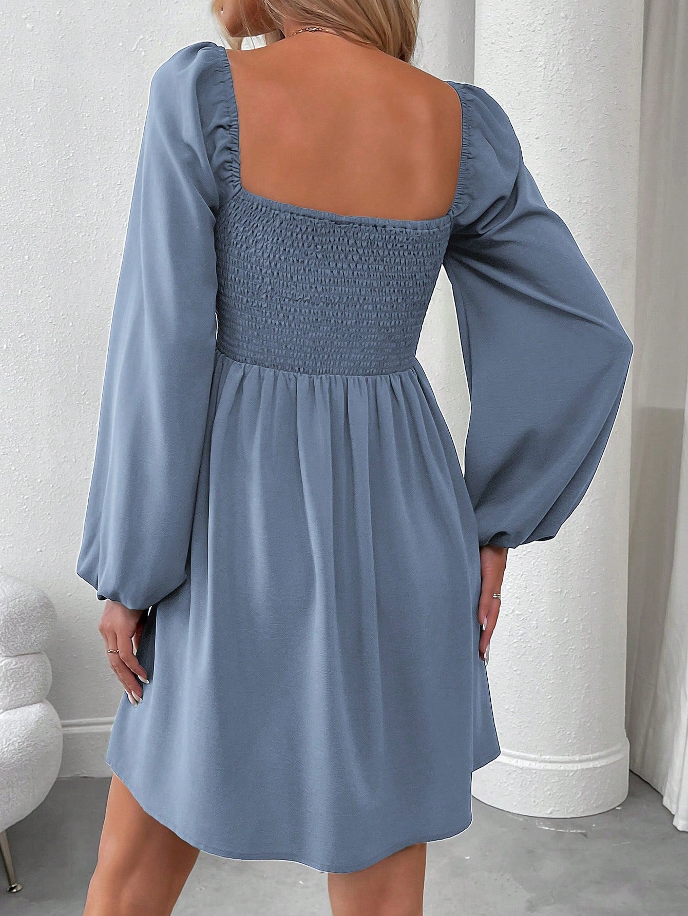 SHEIN LUNE Women Casual Solid Color Lantern Sleeve Smocked Waist Dress, Autumn Fall Cloth For Women