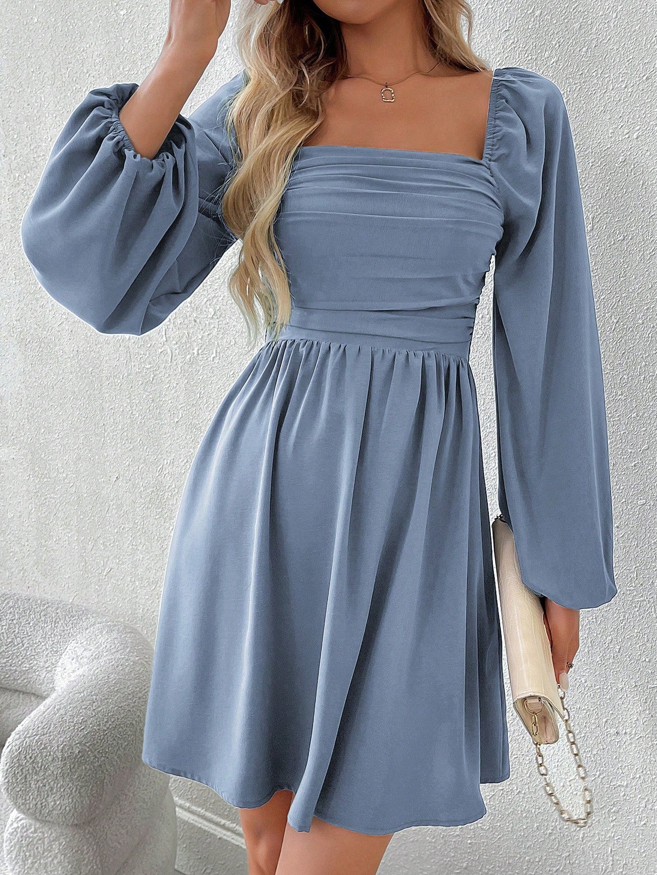 SHEIN LUNE Women Casual Solid Color Lantern Sleeve Smocked Waist Dress, Autumn Fall Cloth For Women