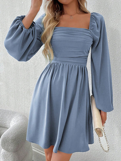 SHEIN LUNE Women Casual Solid Color Lantern Sleeve Smocked Waist Dress, Autumn Fall Cloth For Women