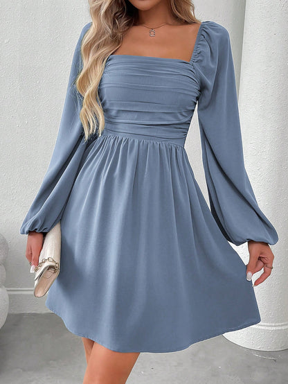 SHEIN LUNE Women Casual Solid Color Lantern Sleeve Smocked Waist Dress, Autumn Fall Cloth For Women