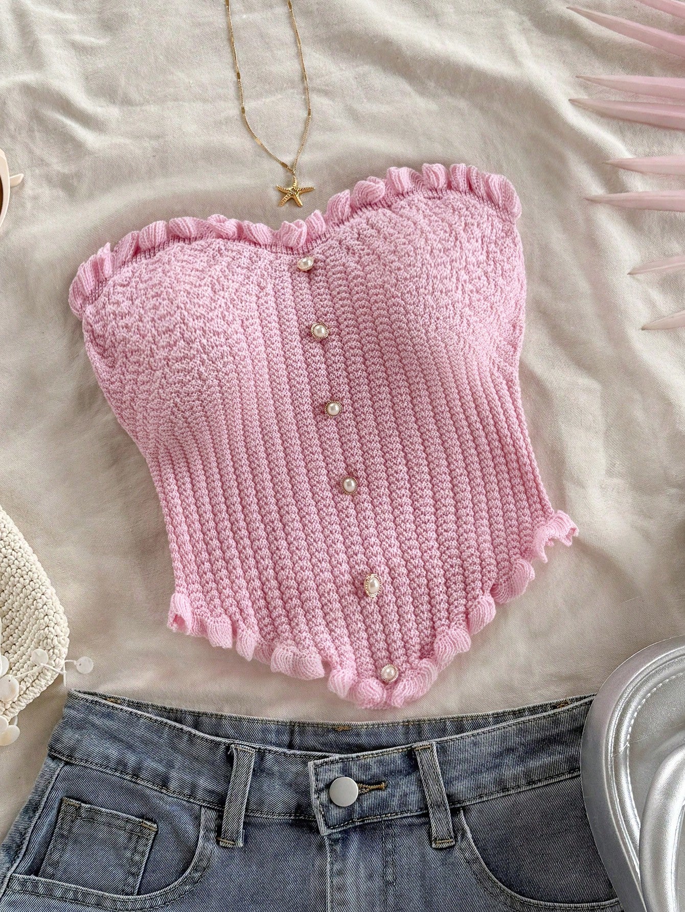 Soleia Women's Button Decor Fashion Casual Ruffle Hem Knitted Camisole Top,Going Out Top