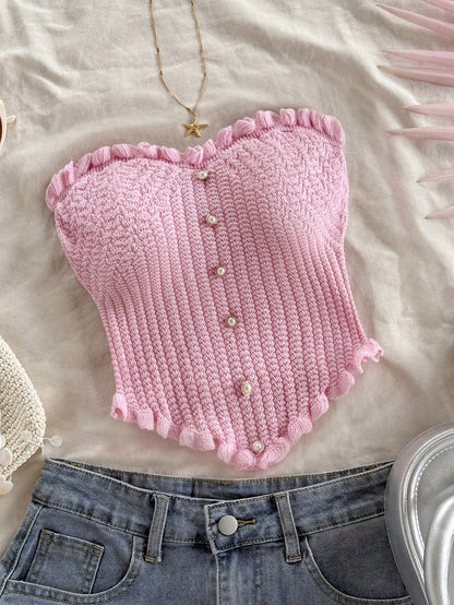 Soleia Women's Button Decor Fashion Casual Ruffle Hem Knitted Camisole Top,Going Out Top