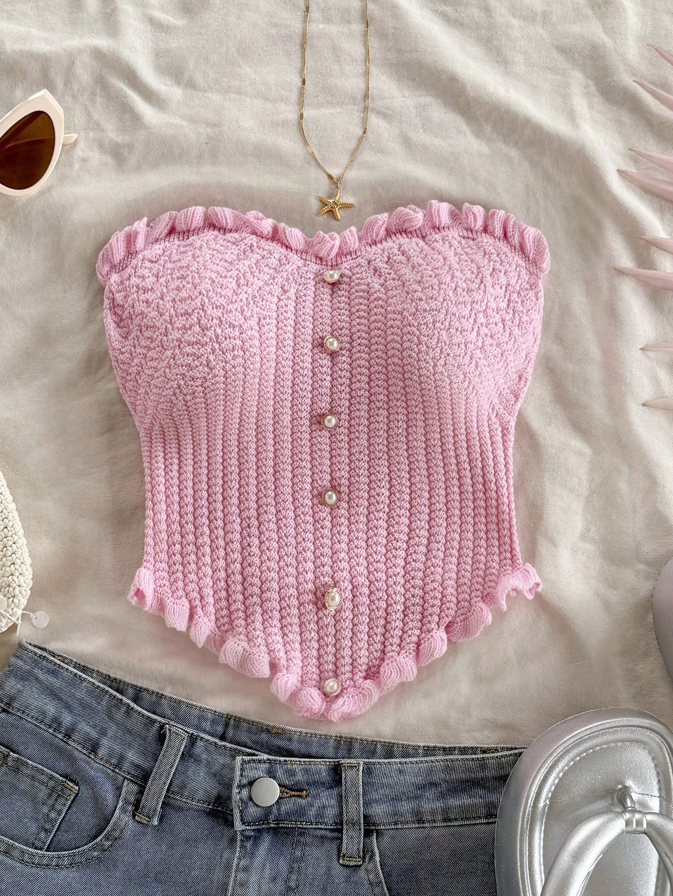 Soleia Women's Button Decor Fashion Casual Ruffle Hem Knitted Camisole Top,Going Out Top