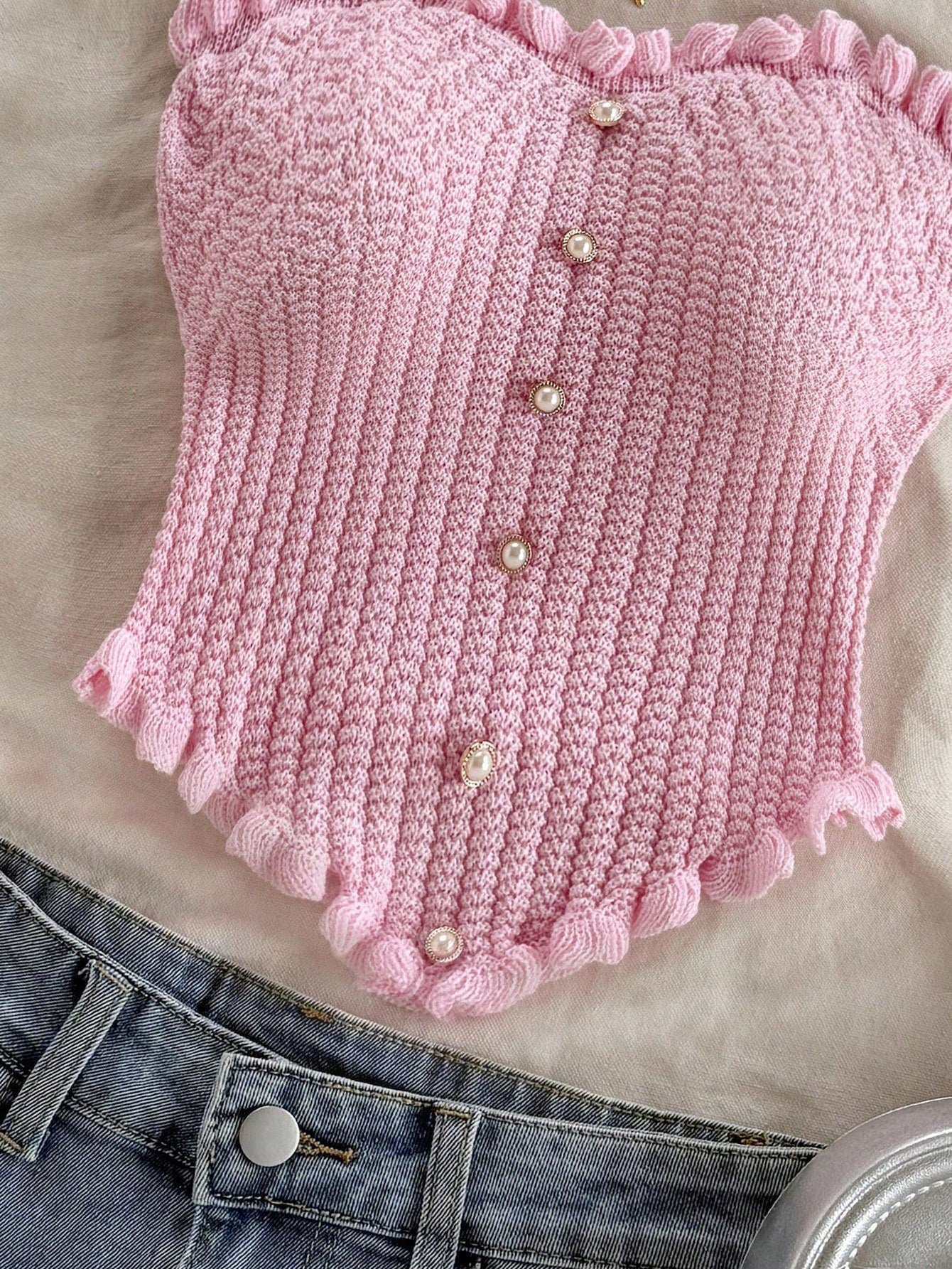 Soleia Women's Button Decor Fashion Casual Ruffle Hem Knitted Camisole Top,Going Out Top