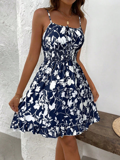 SHEIN PETITE Summer Printed Waist Cinching Sexy Strapless Bodycon Dress, Vintage Floral Print Waist Tightening Sexy Petite Strap Dress, Fashion Waist Cinching Sexy Floral Print Lady-Like Dress