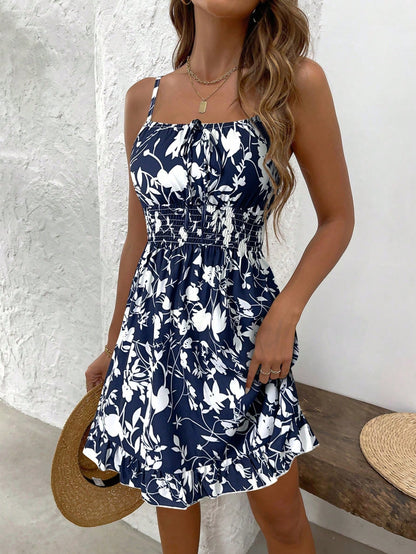 SHEIN PETITE Summer Printed Waist Cinching Sexy Strapless Bodycon Dress, Vintage Floral Print Waist Tightening Sexy Petite Strap Dress, Fashion Waist Cinching Sexy Floral Print Lady-Like Dress