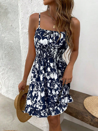 SHEIN PETITE Summer Printed Waist Cinching Sexy Strapless Bodycon Dress, Vintage Floral Print Waist Tightening Sexy Petite Strap Dress, Fashion Waist Cinching Sexy Floral Print Lady-Like Dress