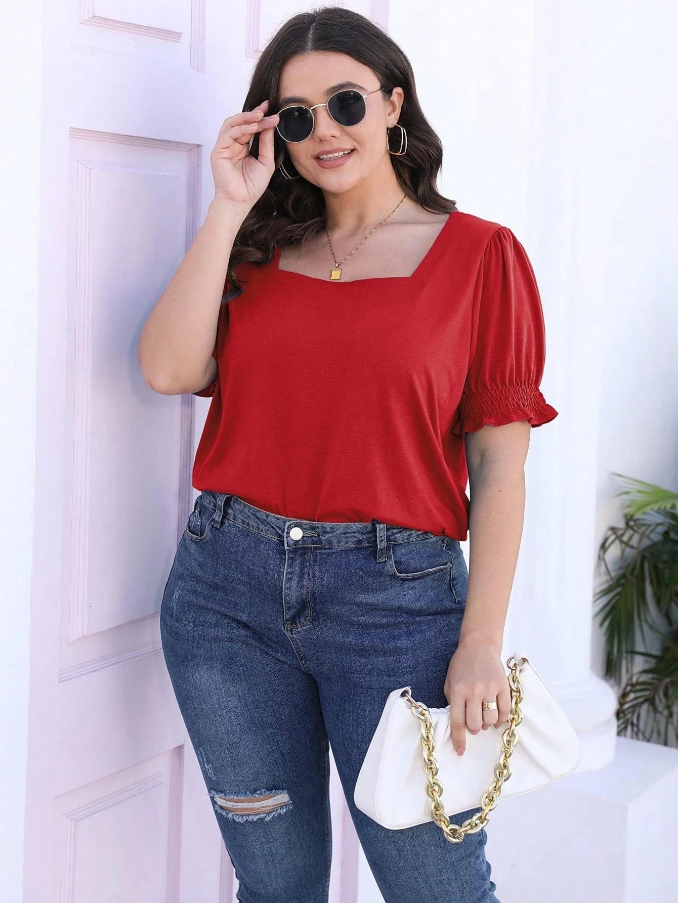 LKESRC Women's Fashion Lantern Sleeve Square Neck Tee Loose Casual Short Sleeve Elegant Summer Tops