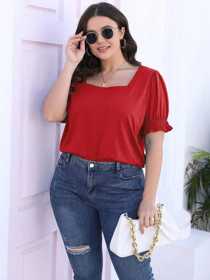 LKESRC Women's Fashion Lantern Sleeve Square Neck Tee Loose Casual Short Sleeve Elegant Summer Tops