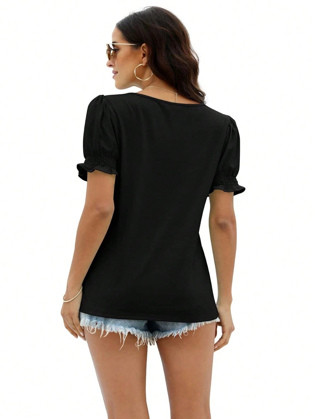 LKESRC Women's Fashion Lantern Sleeve Square Neck Tee Loose Casual Short Sleeve Elegant Summer Tops