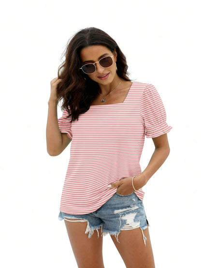 LKESRC Women's Fashion Lantern Sleeve Square Neck Tee Loose Casual Short Sleeve Elegant Summer Tops