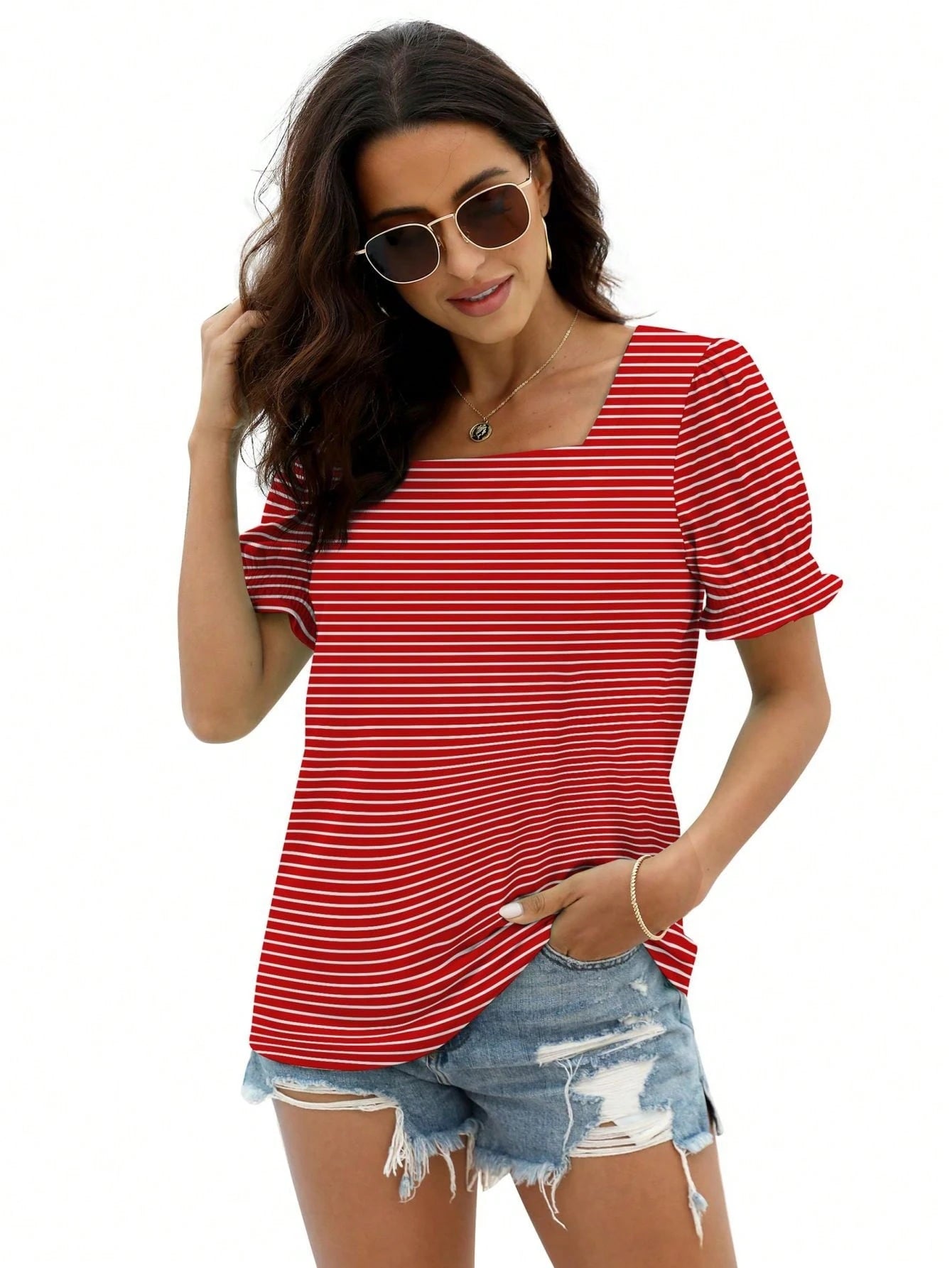 LKESRC Women's Fashion Lantern Sleeve Square Neck Tee Loose Casual Short Sleeve Elegant Summer Tops