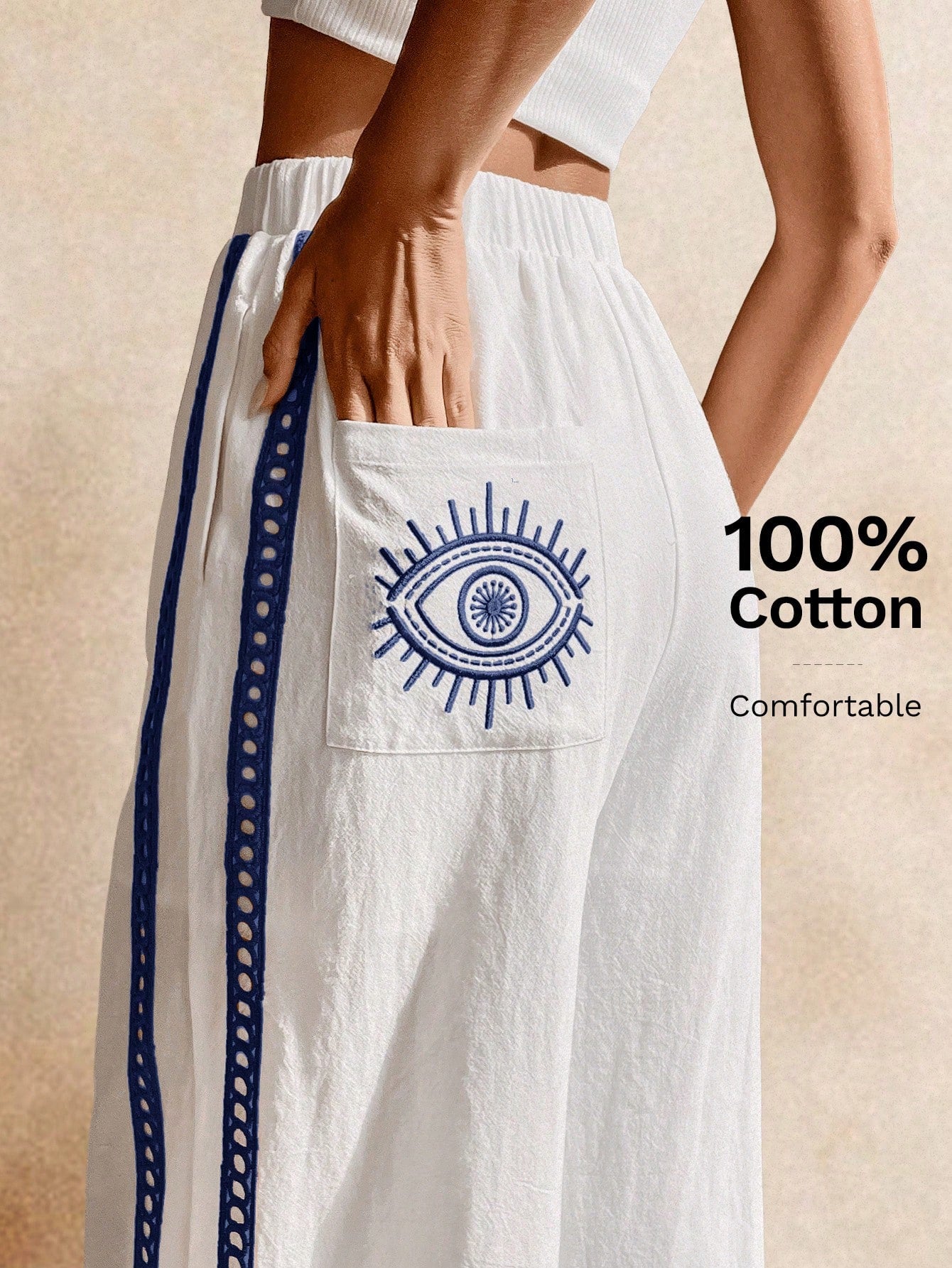 Poéselle Women's Wide Leg Loose Casual Pants With Sun Embroidered Pockets,Vacation Outfits Woman,Beach Vacation,Embroidered Pants,Summer Outfits For Women Vacation Outfits Women Resort Wear